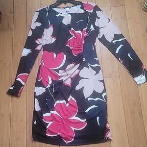 Venus Floral Long Sleeve Fitted Ruched Waist Black, Red, White Dress SZ M